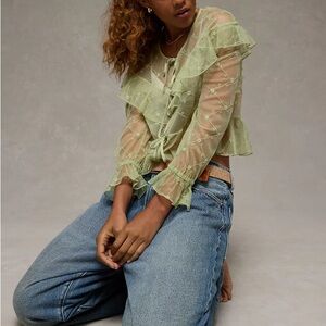 American Eagle Embroidered Tie-Front Mesh Blouse XL